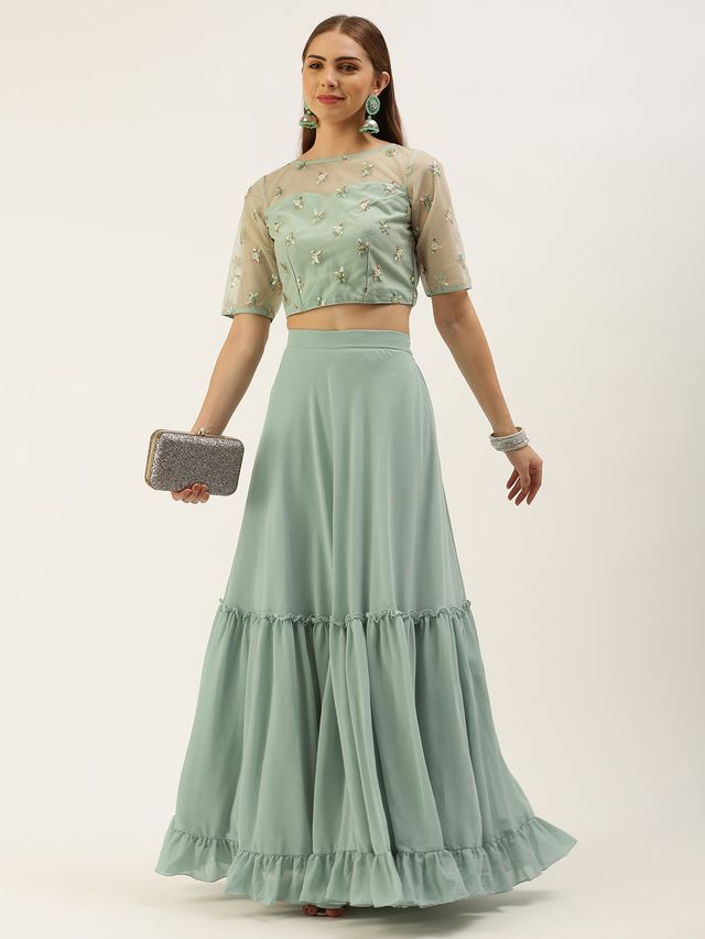 Bollywood Vogue Ready To Wear Light Peach N Green Embroidered Crop Top N Skirt