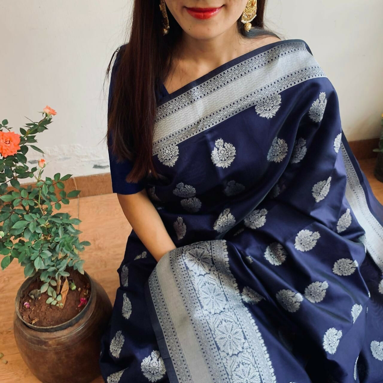 AXONIT Banarasi Silk Saree for Women with Silver Zari Work for Wedding Wear