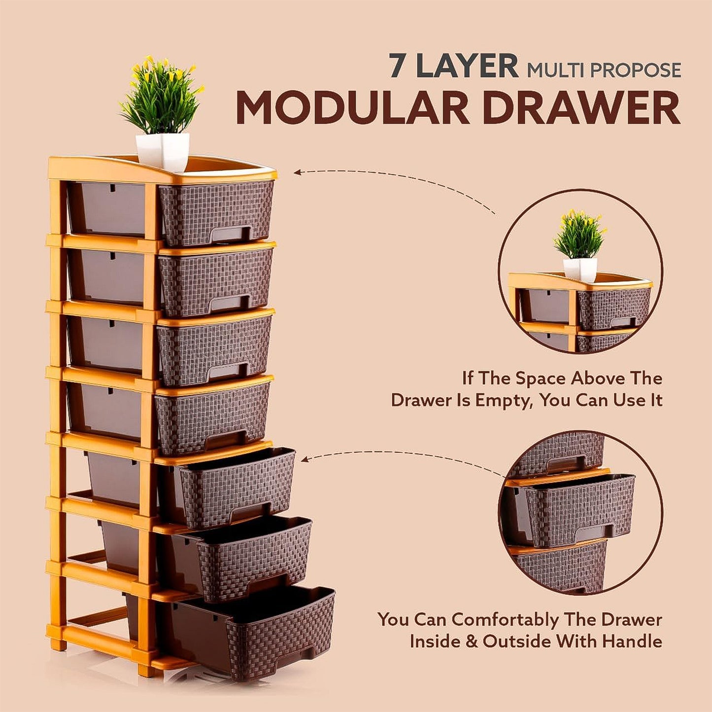 7-Layer Multipurpose Plastic Storage Drawer Organizer with Woven-Texture Design Modular and Stackable Storage Cabinet for Home