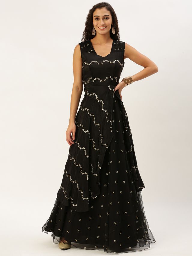 Bollywood Vogue Ready To Wear Black Viscose Embroidered Layered Gown
