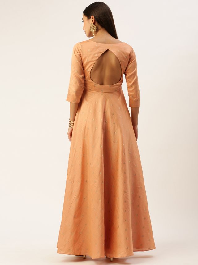 Bollywood Vogue Ready To Wear Peach Art Silk Jacquard Pleated Yoke Gown