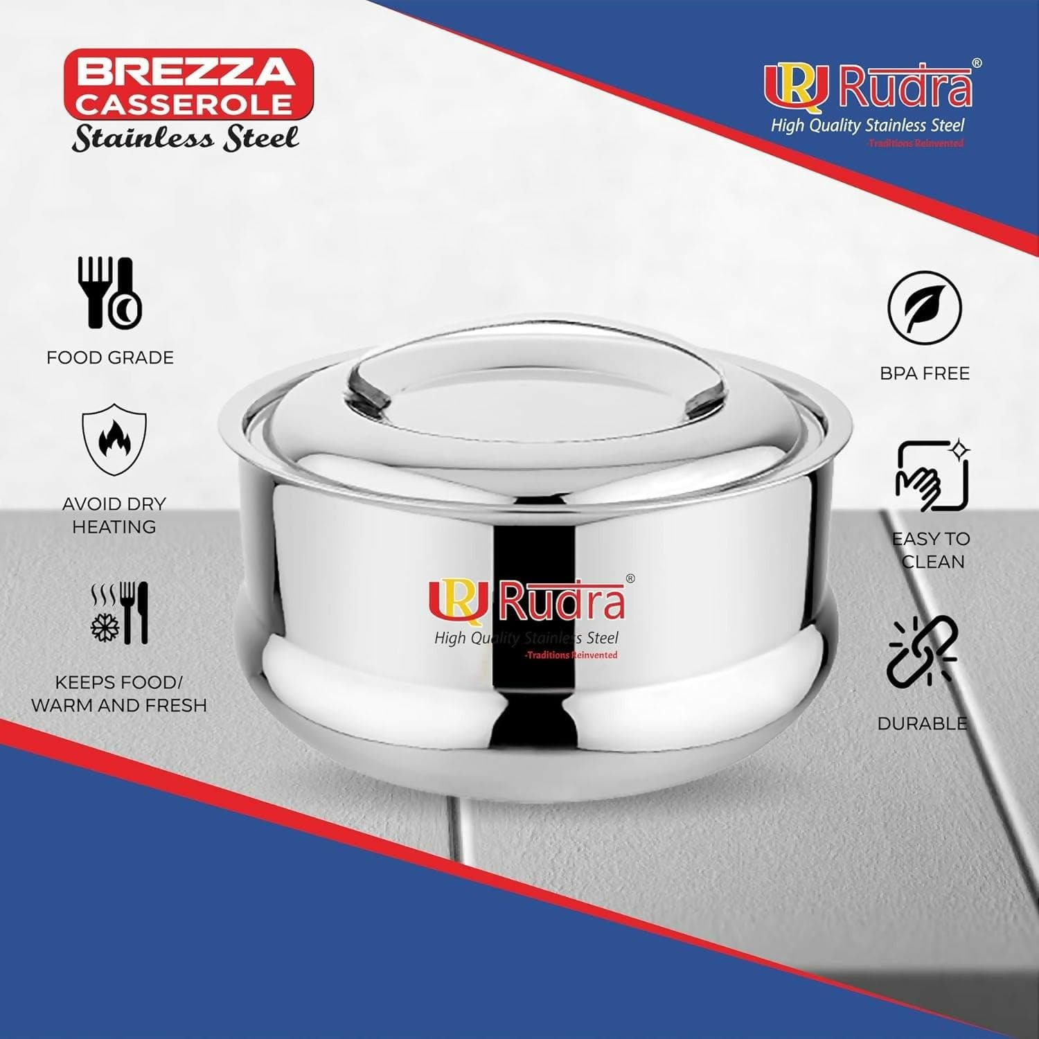 RUDRA Brezza Double Walled Stainless Steel Casserole(1 L) - HalfPe