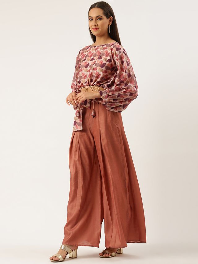 Bollywood Vogue Ready To Wear Multicolored Chinon Crop Top N Palazzo