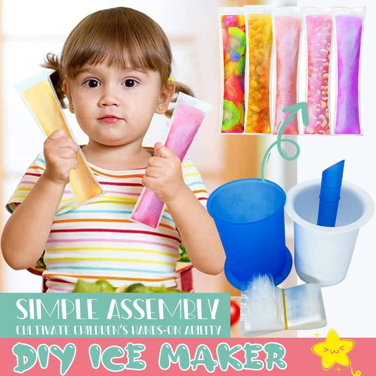 DIY Popsicle Maker Set – Manual Ice Cream Mold with 20 Bags (Reusable) HP DD