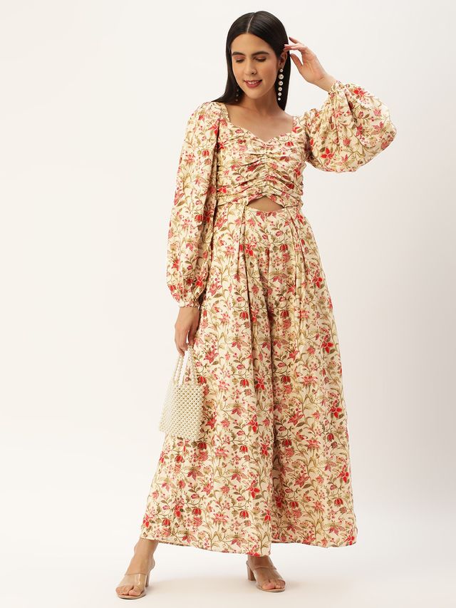 Bollywood Vogue Ready To Wear Beige Printed Rayon Jumpsuits
