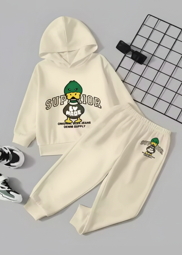 Kids Hooded Sweatshirt & Jogger Set – Superior Duck Graphic Printed Winter Wear (Cream) Luck Fashion