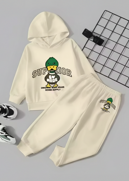 Kids Hooded Sweatshirt & Jogger Set – Superior Duck Graphic Printed Winter Wear (Cream) Luck Fashion