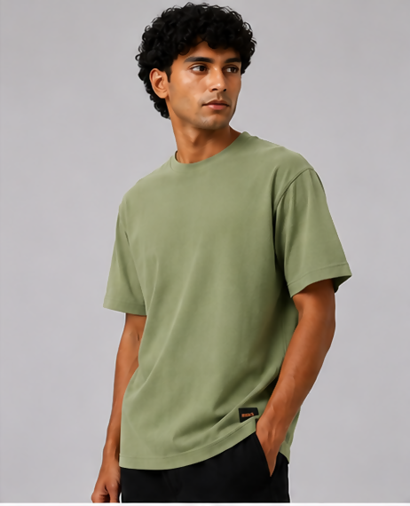 HUSTLE Men's Crew Neck Relaxed Fit T-Shirt – Light Olive Green(relax fit)