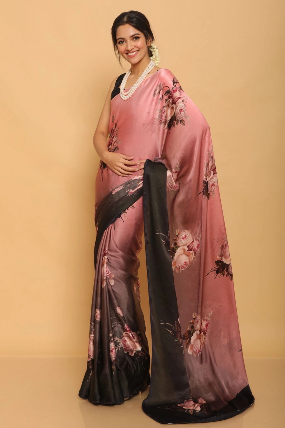 Floral Printed Heavy Satin Sarees With Plain Blouse