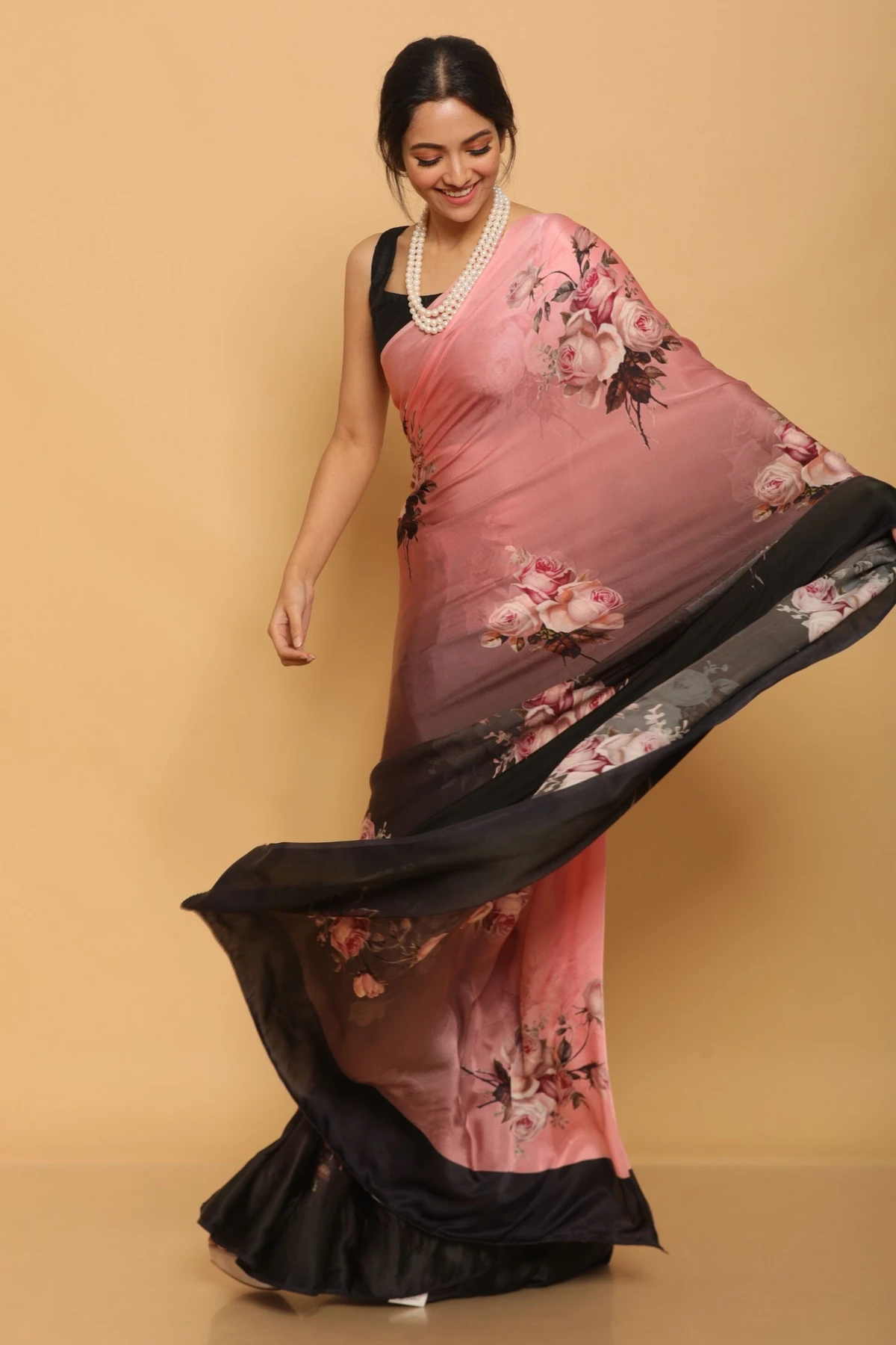 Floral Printed Heavy Satin Sarees With Plain Blouse