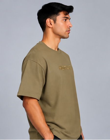 HUSTLE Men's Crew Neck Oversized Tees - Khaki