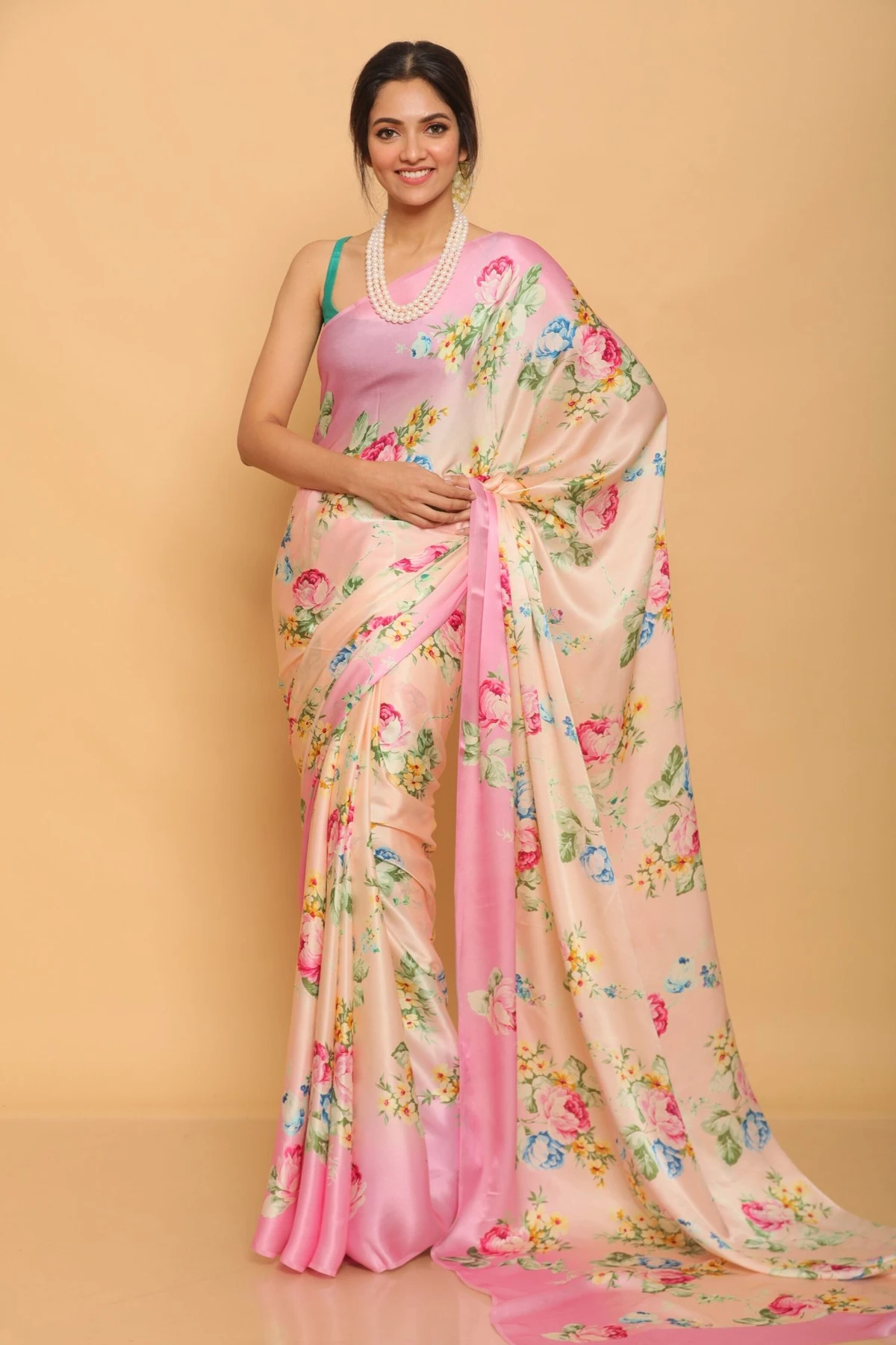 Floral Printed Heavy Satin Sarees With Plain Blouse