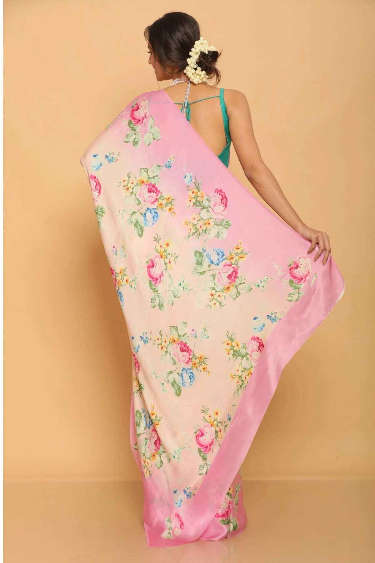 Floral Printed Heavy Satin Sarees With Plain Blouse