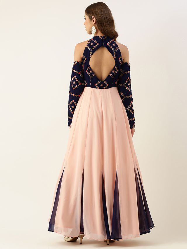 Bollywood Vogue Ready To Wear Royal Blue N Peach Georgette Embroidered Gown