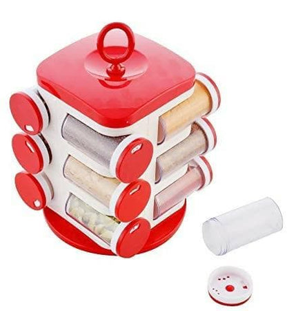 Flossymart Revolving Plastic Spice Rack Multipurpose Storage Set Condiment Masala Rack Set (12 Pieces, Red) - HalfPe