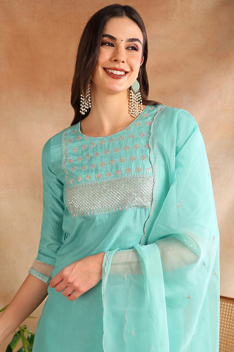 Turquoise Blue Poly Silk Solid Yoke Design Suit Set
