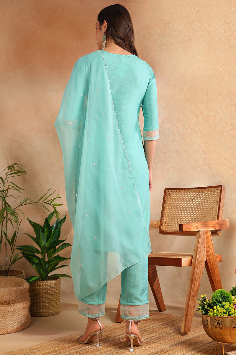Turquoise Blue Poly Silk Solid Yoke Design Suit Set