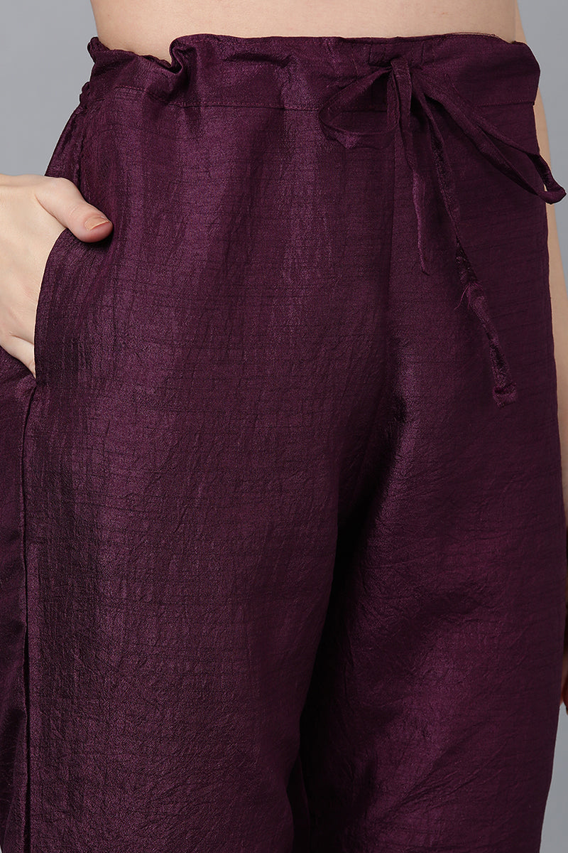 Purple Poly Silk Solid Straight Suit Set