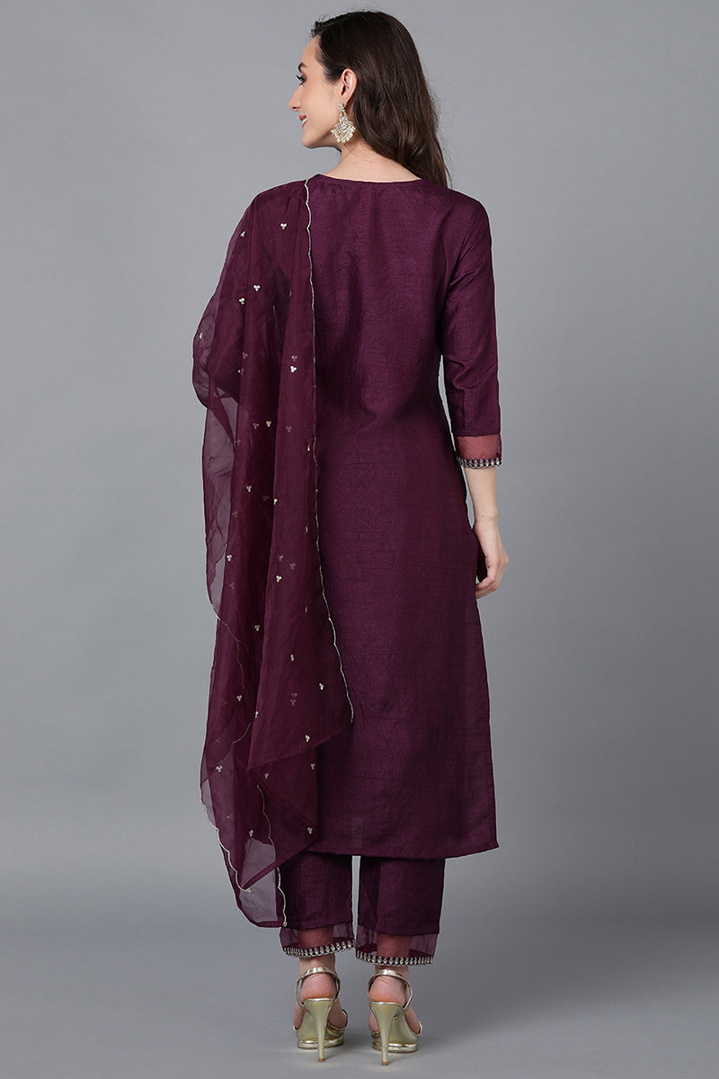 Purple Poly Silk Solid Straight Suit Set