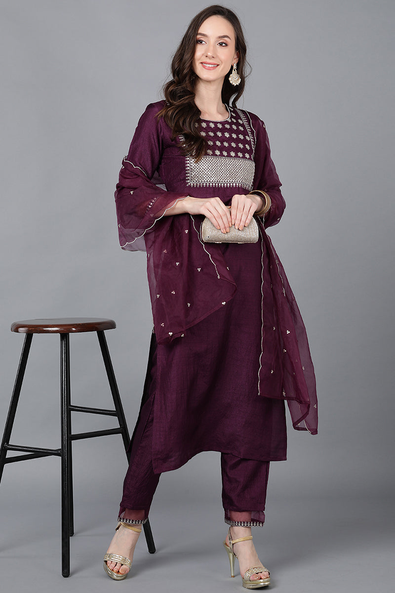 Purple Poly Silk Solid Straight Suit Set