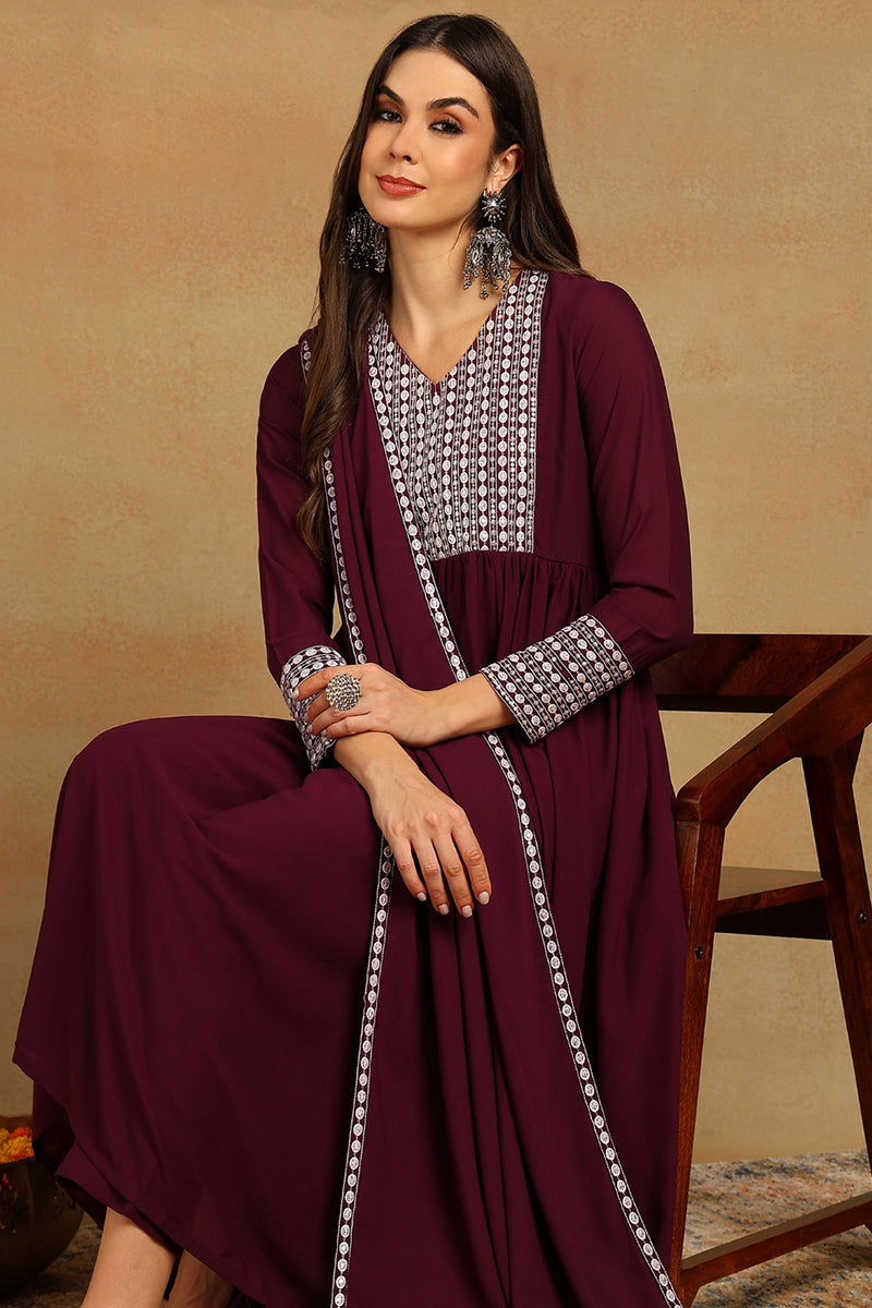 Burgundy Poly Georgette Yoke Design Suit Set