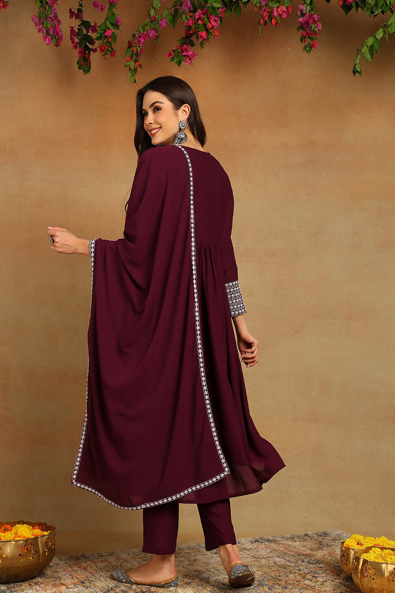 Burgundy Poly Georgette Yoke Design Suit Set