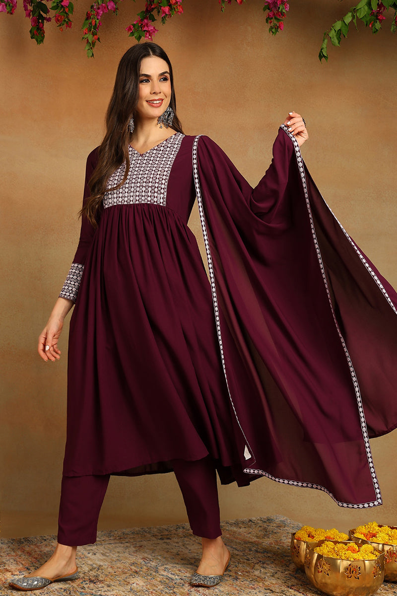 Burgundy Poly Georgette Yoke Design Suit Set