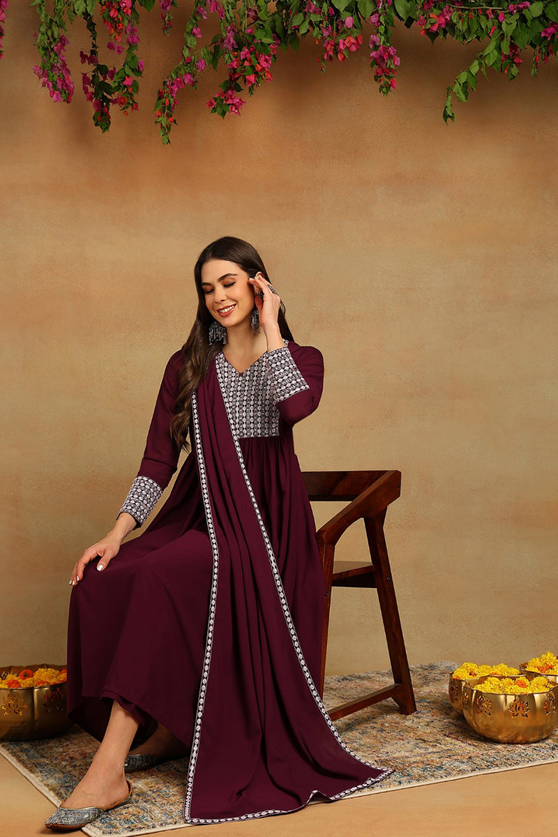 Burgundy Poly Georgette Yoke Design Suit Set
