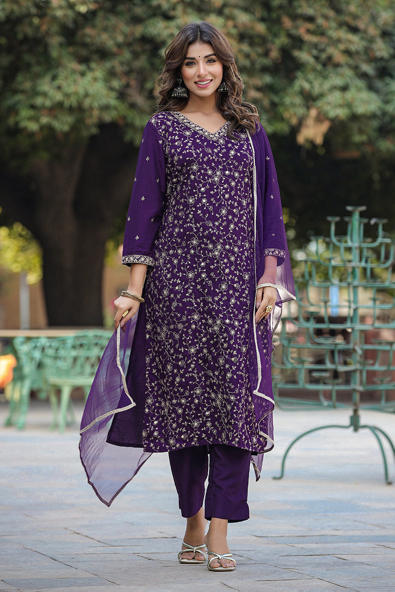 Purple Silk Blend Ethnic Motifs Straight Suit Set