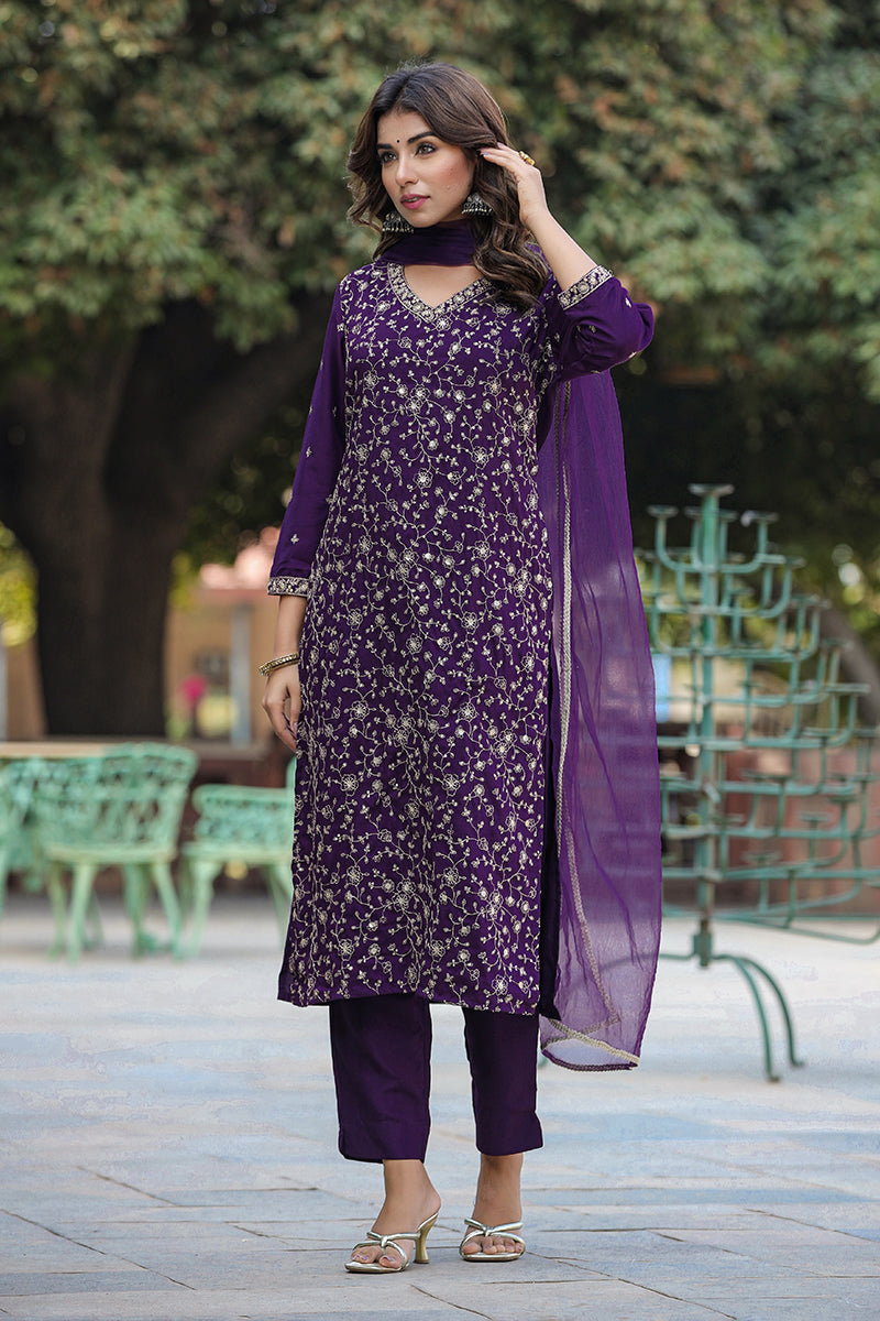 Purple Silk Blend Ethnic Motifs Straight Suit Set