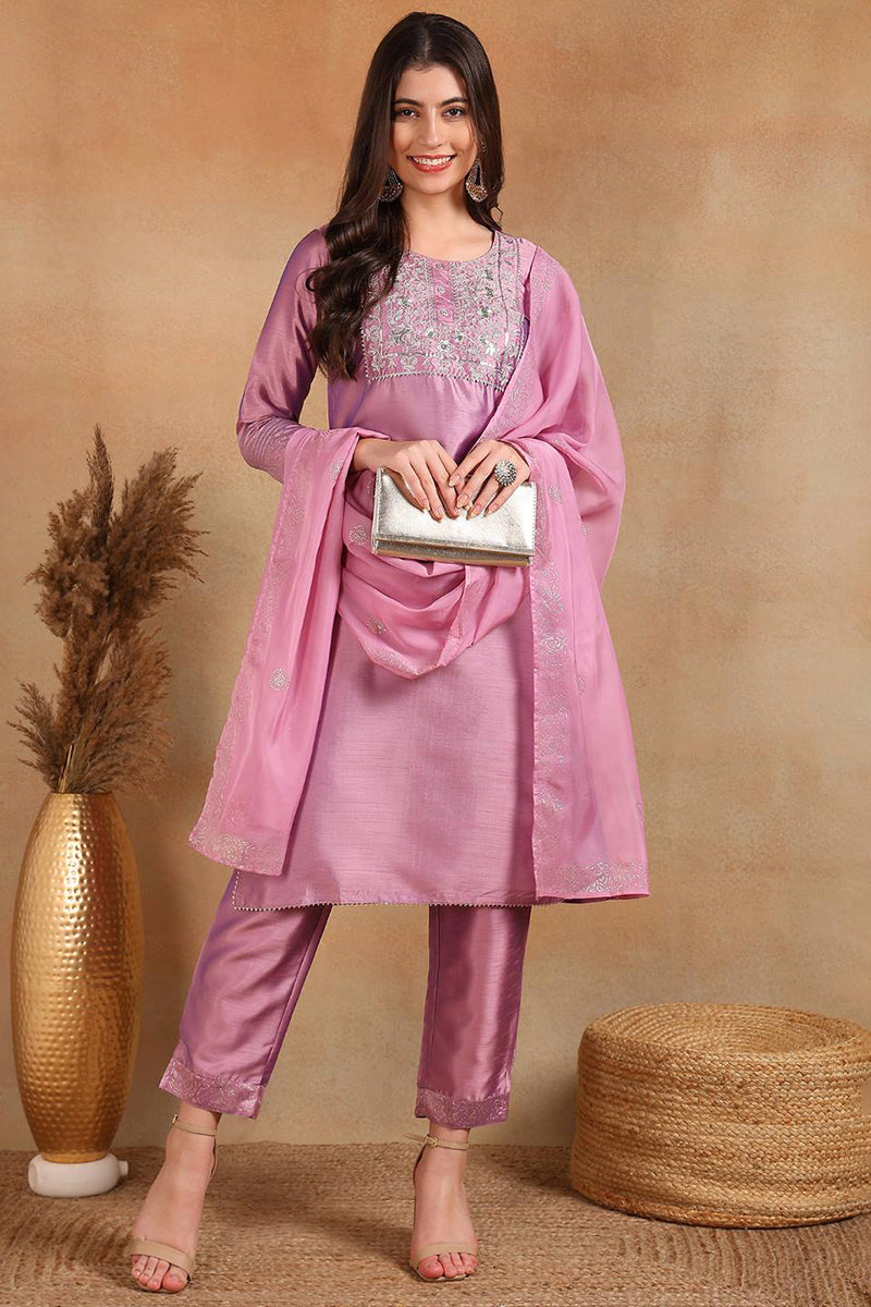 Lavender Silk Blend Straight Kurta Pant With Dupatta