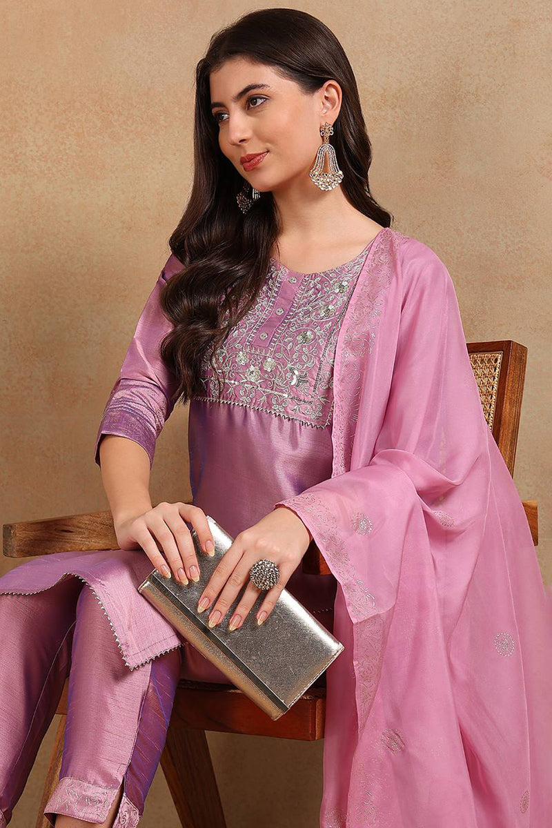 Lavender Silk Blend Straight Kurta Pant With Dupatta