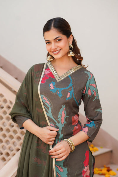 Olive Rayon Blend Floral Printed Straight Suit Set