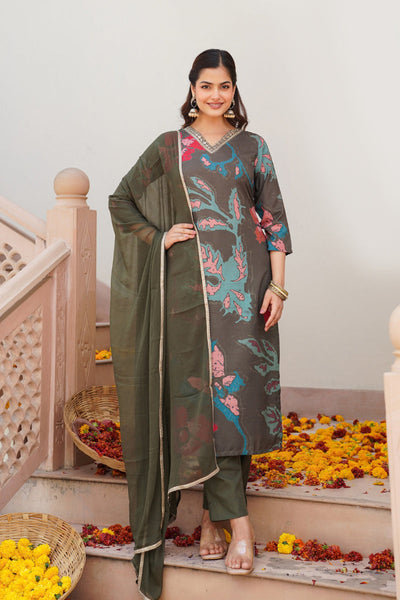 Olive Rayon Blend Floral Printed Straight Suit Set