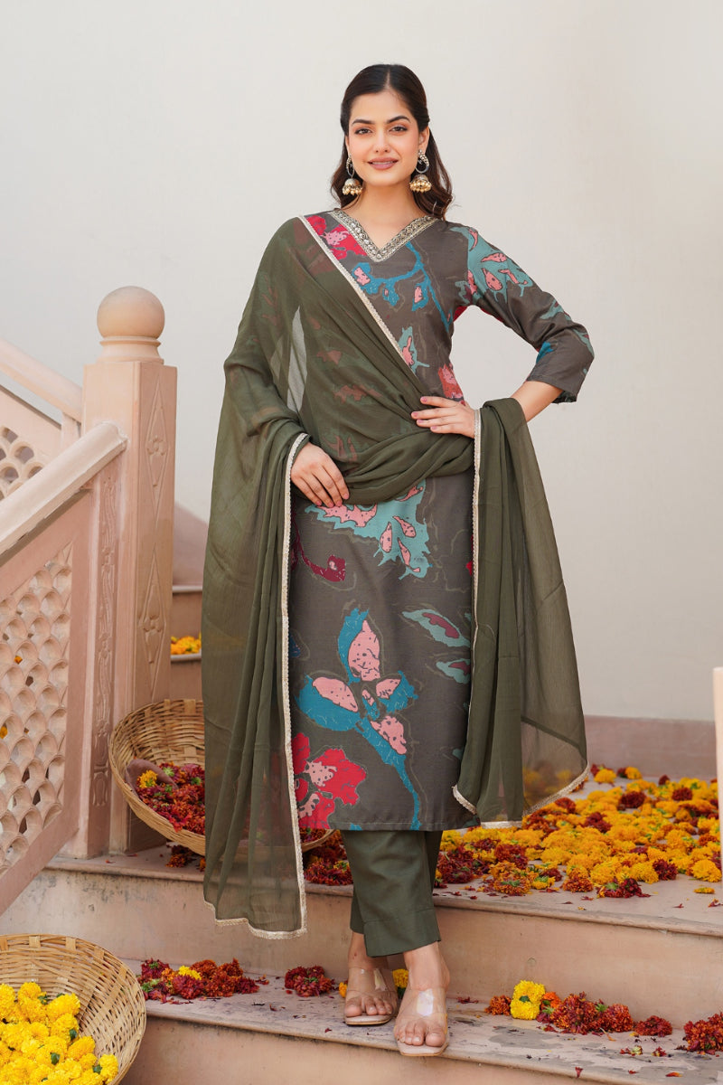 Olive Rayon Blend Floral Printed Straight Suit Set