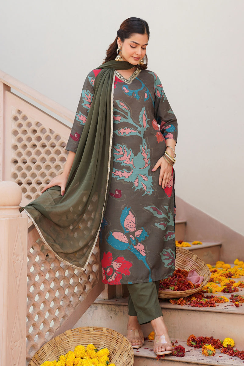 Olive Rayon Blend Floral Printed Straight Suit Set