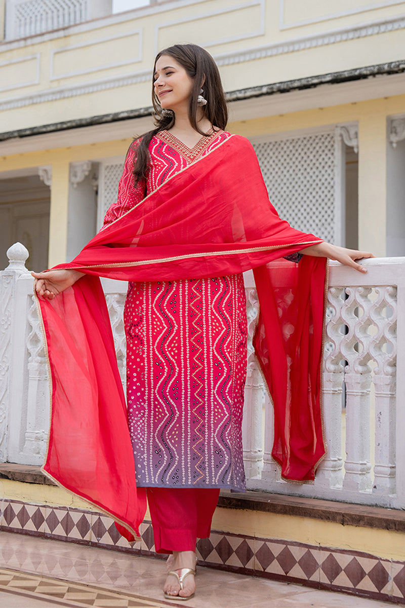 Red Rayon Blend Bandhani Printed Straight Trouser Bottom Suit Set