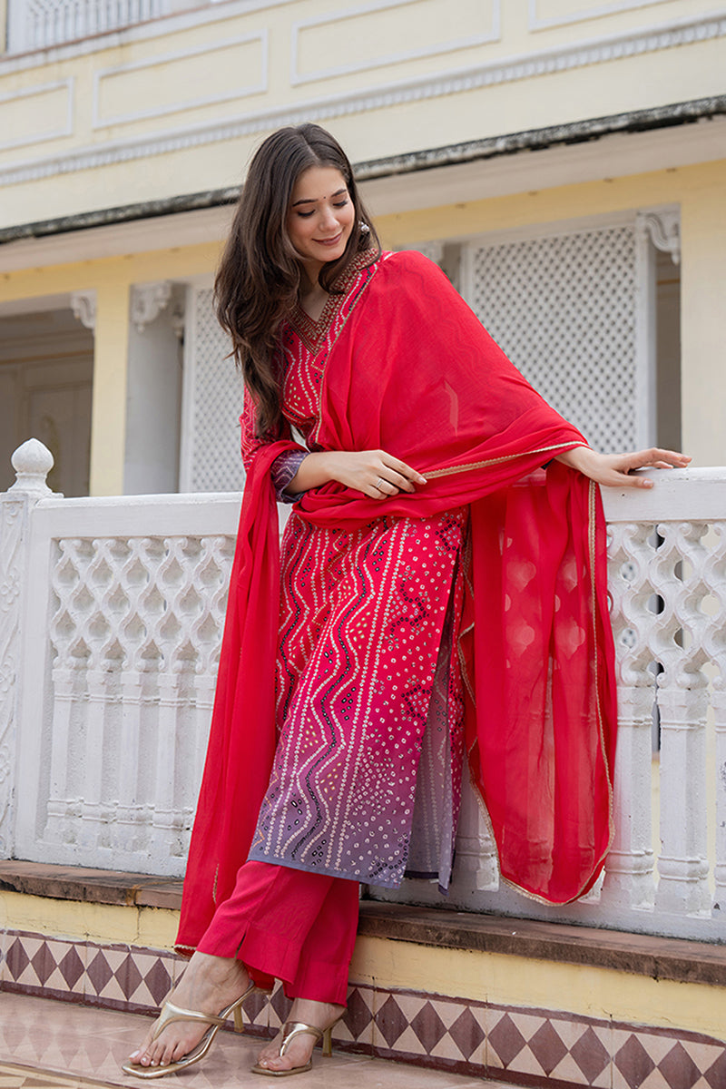 Red Rayon Blend Bandhani Printed Straight Trouser Bottom Suit Set