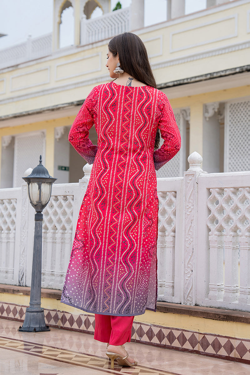 Red Rayon Blend Bandhani Printed Straight Trouser Bottom Suit Set