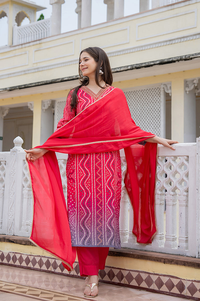 Red Rayon Blend Bandhani Printed Straight Trouser Bottom Suit Set