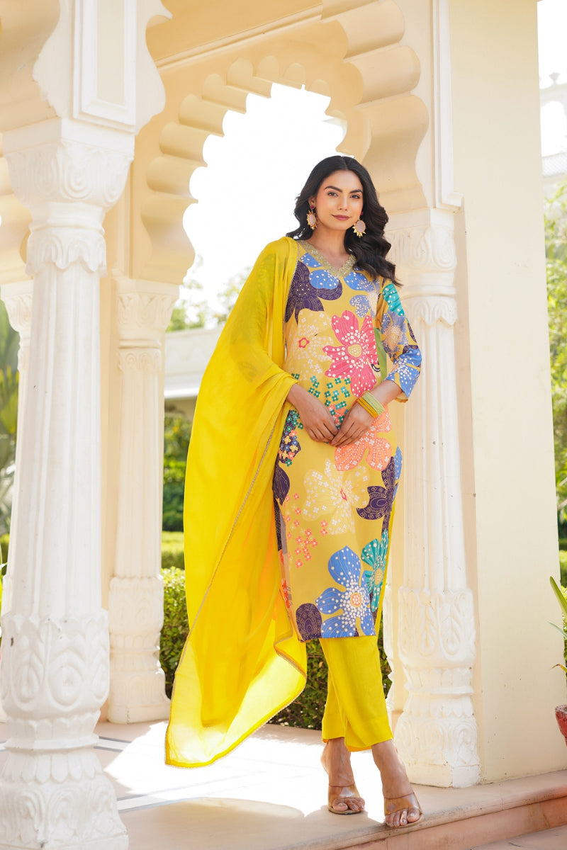 Yellow Cotton Blend Floral Printed Straight Trouser Suit Set