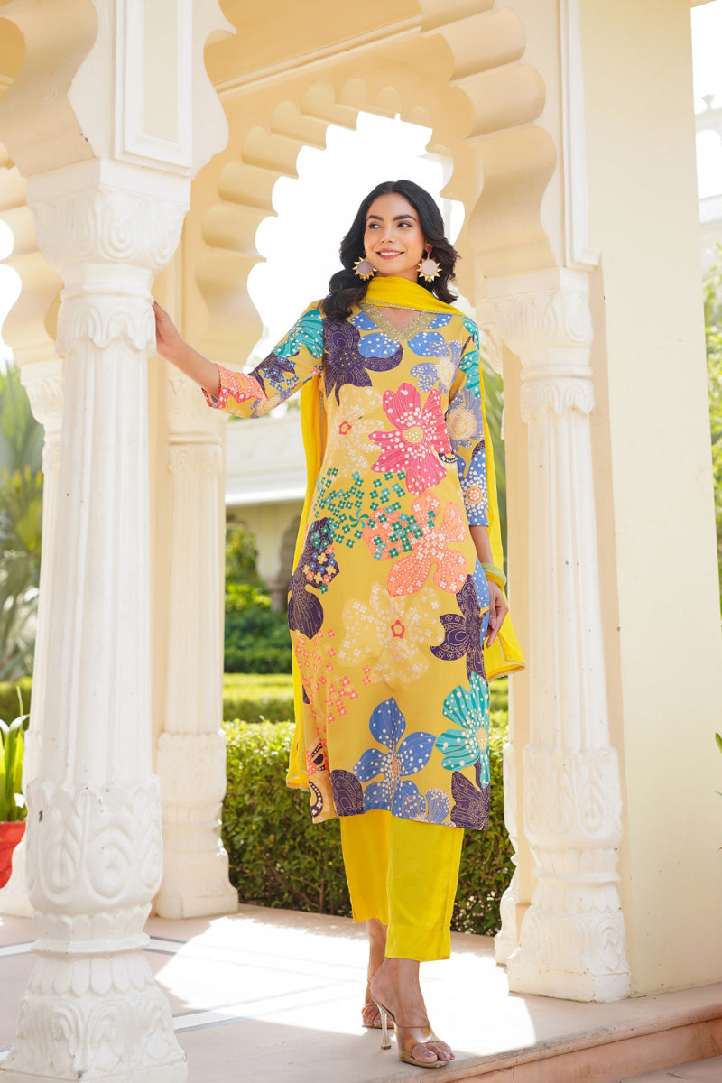 Yellow Cotton Blend Floral Printed Straight Trouser Suit Set