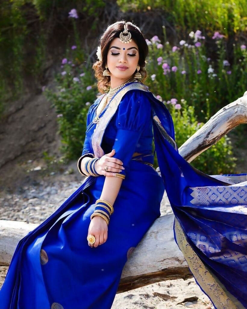 AXONIT Classic Royal Blue Banarasi Silk Saree with Silver Zari Border