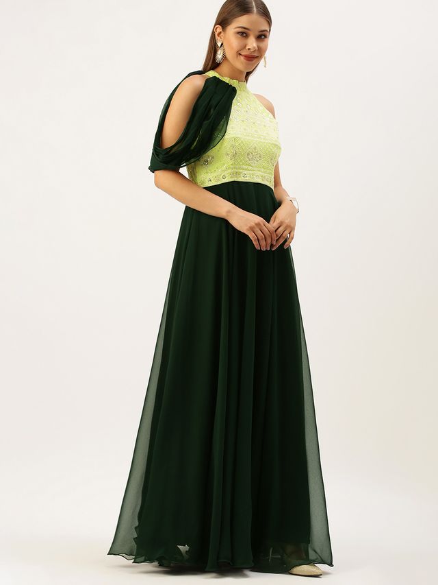 Bollywood Vogue Ready To Wear Bottle Green N Yellow Halter Neck Gown