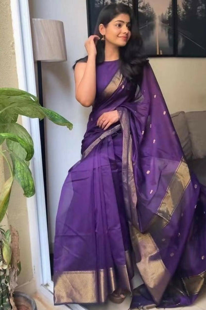AXONIT Traditional Violet Cotton Saree Crafted with Delicate Golden Zari Butti and Royal Border