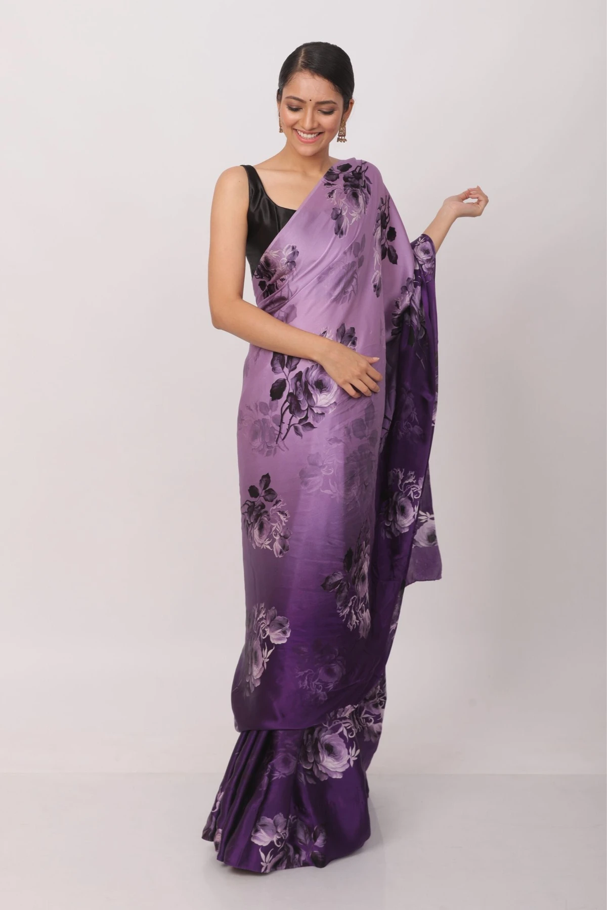Floral Printed Heavy Satin Sarees With Plain Blouse