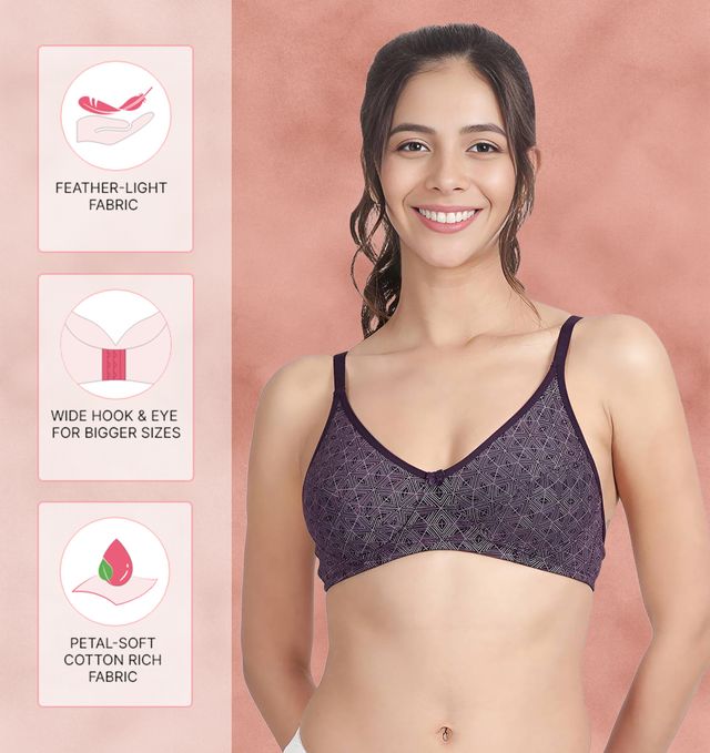 Susie 3/4th Coverage Blackberry Purple Geometry Printed Non Padded Adjustable, Non Detachable Bra