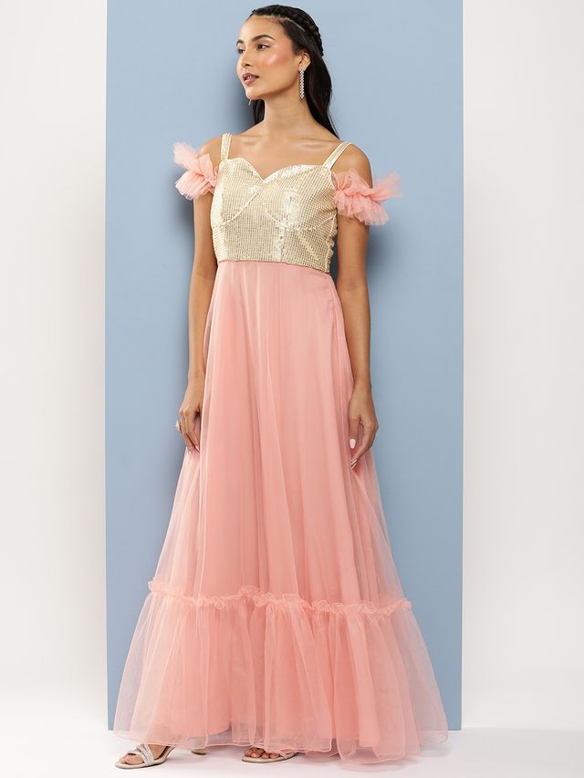Bollywood Vogue Ready To Wear Silver Embroidered N Pink Corset Style Gown