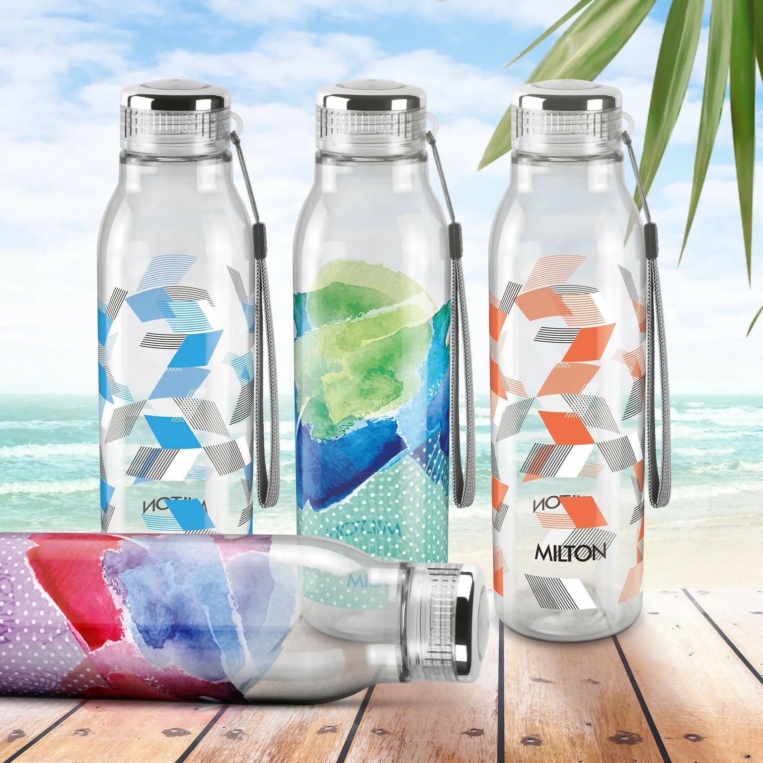 MILTON Helix PET Water Bottle 1 Litre Each with Carry Strap – Multicolor (Pack of 2)