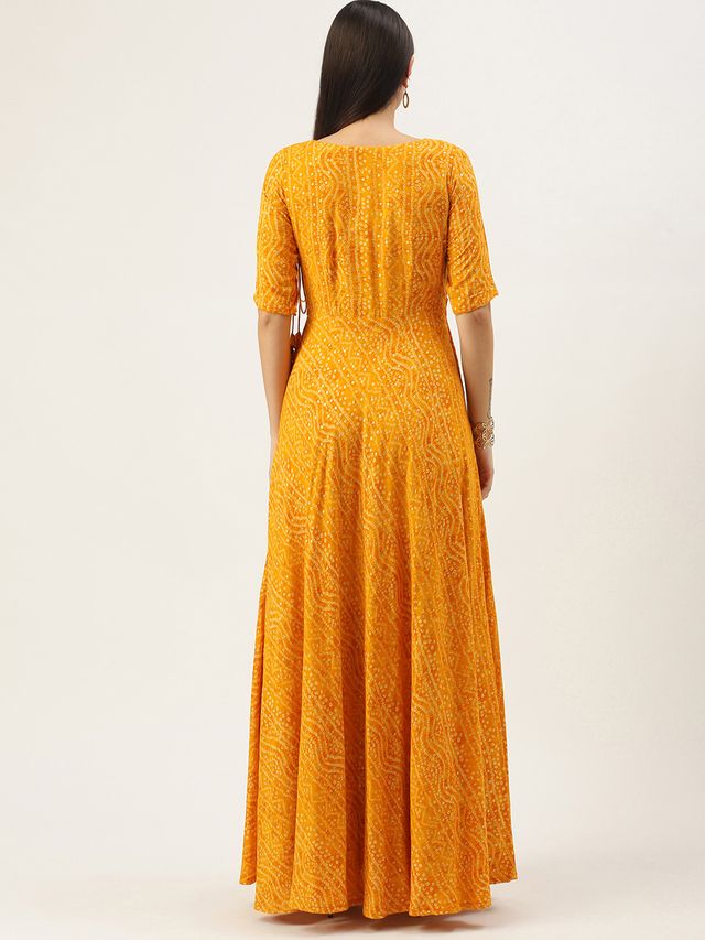 Bollywood Vogue Ready To Wear Yellow Printed Angarkha Gown